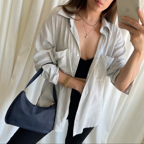 Classic Striped Button-Up Shirt—Ivory/Black - Picture 14 of 14